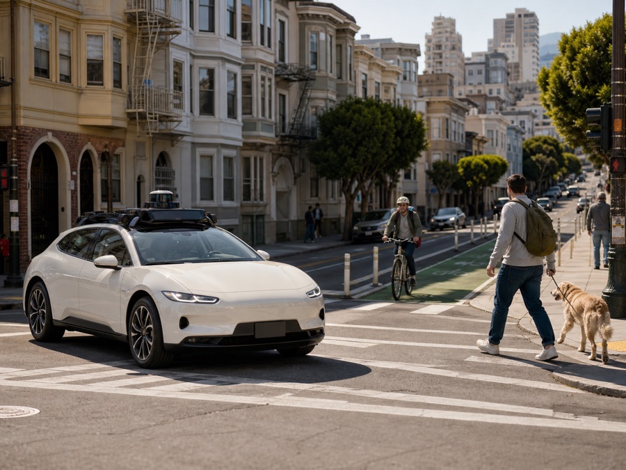 An autonomous vehicle approaching a city crosswalk