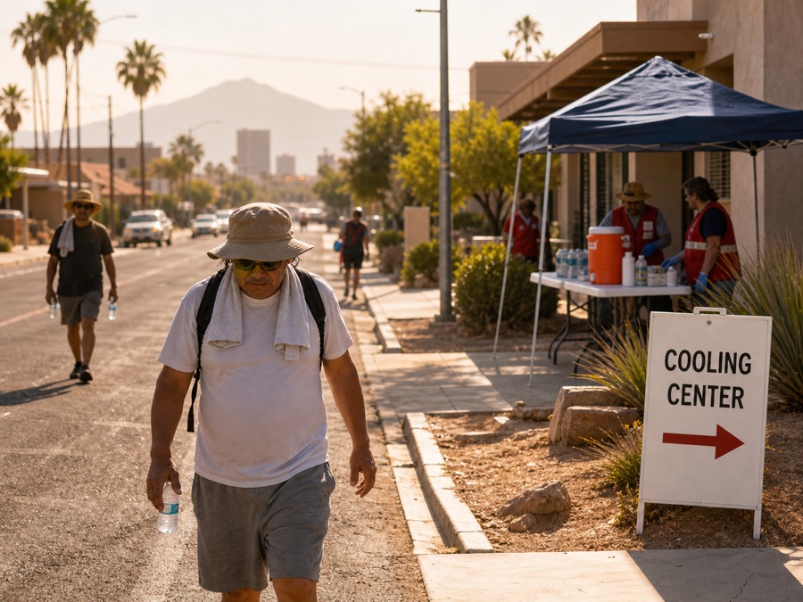 Residents approaching a cooling center during extreme heat