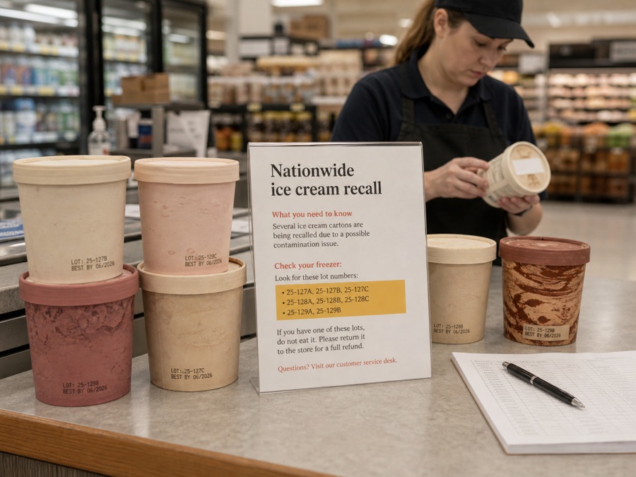 Ice cream containers being checked during a store recall